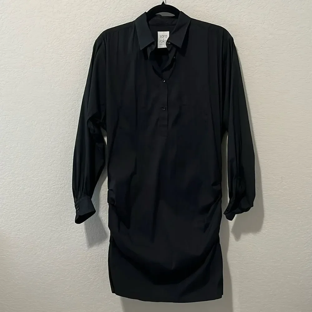 SARA ROKA Black Button Down Mini Shirtdress, Ruched Sides, Size 40(IT), S/4(US) - Picture 1 of 10